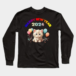 Happy New Year 2024 Persian Kitten Design! Long Sleeve T-Shirt